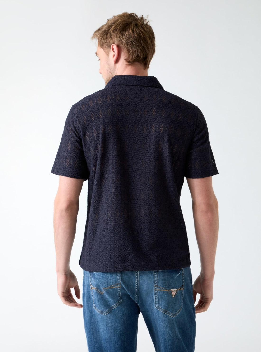 GUESS Mens Blue Coastal Crochet Resort Shirt M6GP40K3218 Back View