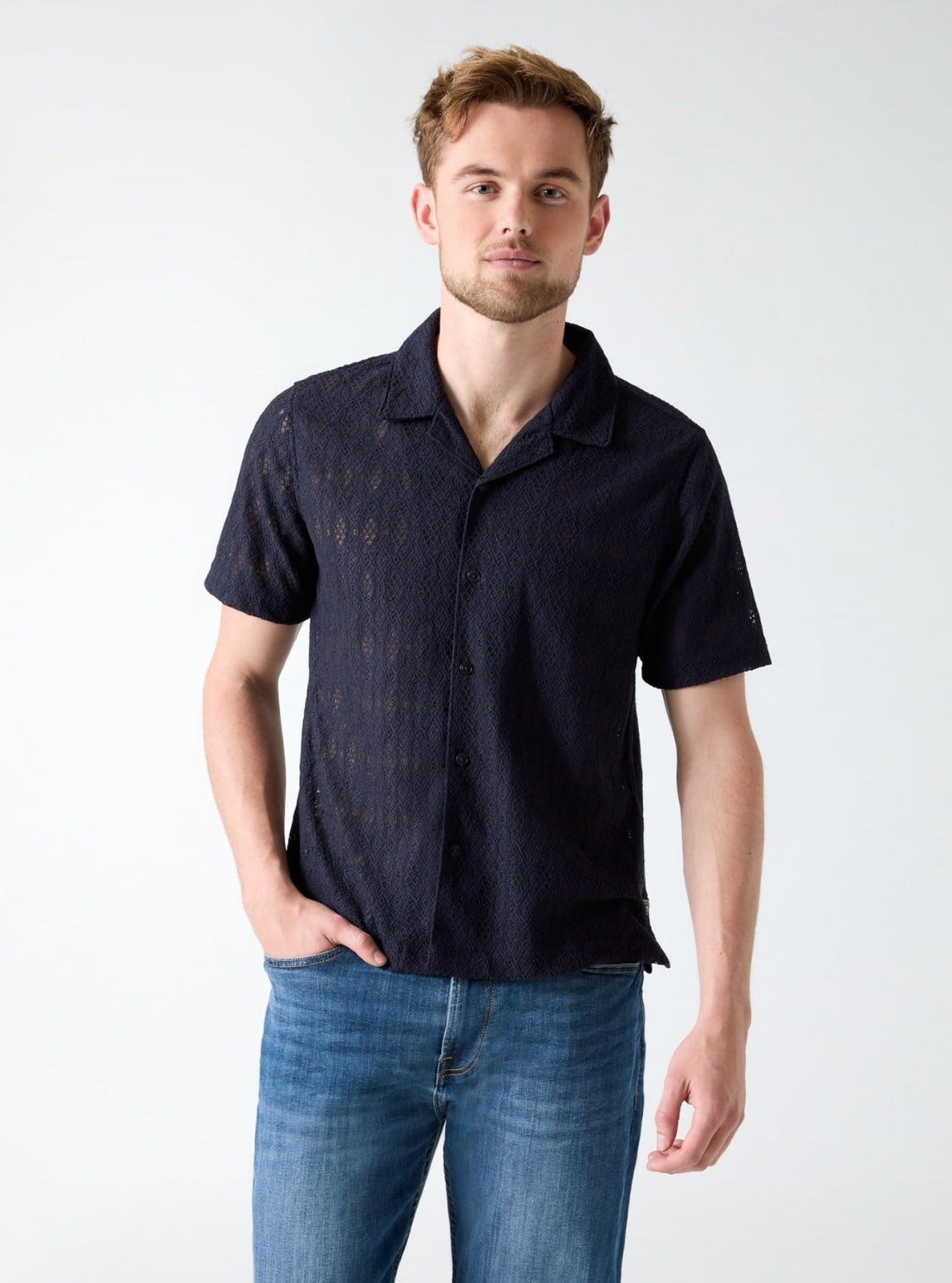 GUESS Mens Blue Coastal Crochet Resort Shirt M6GP40K3218 Model View