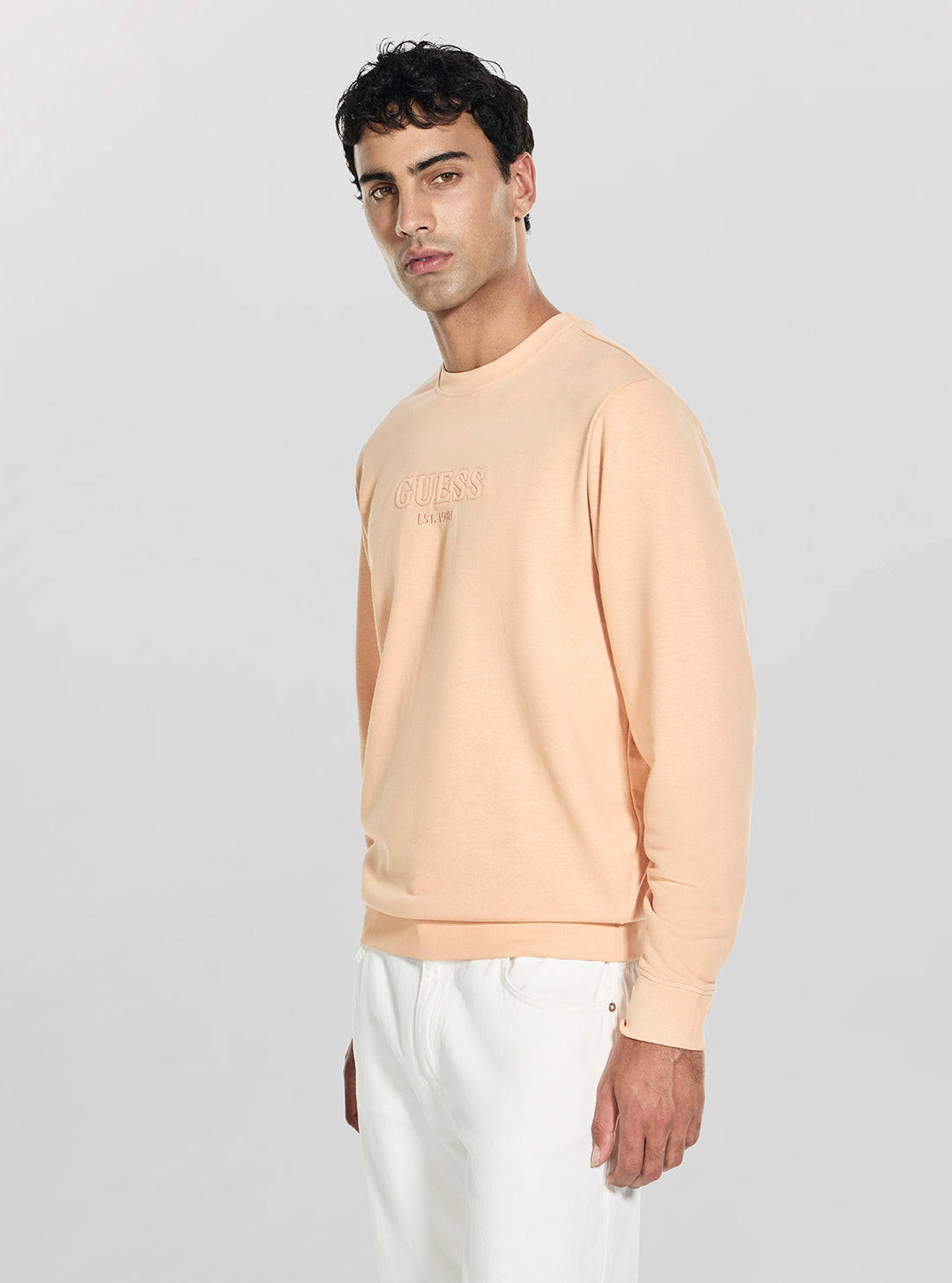 GUESS Mens Orange Peach Embossed Logo Sweatshirt M6GQ07K3045 Side View