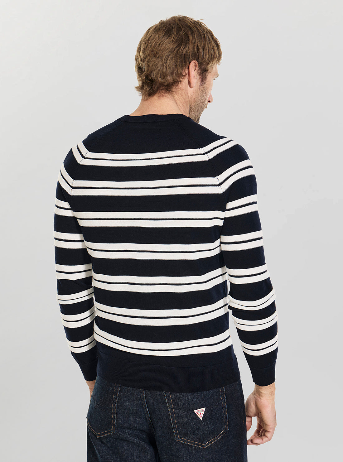GUESS Mens Blue Salt White Stripes Larrie Sweater M6GR14Z0571 Back View