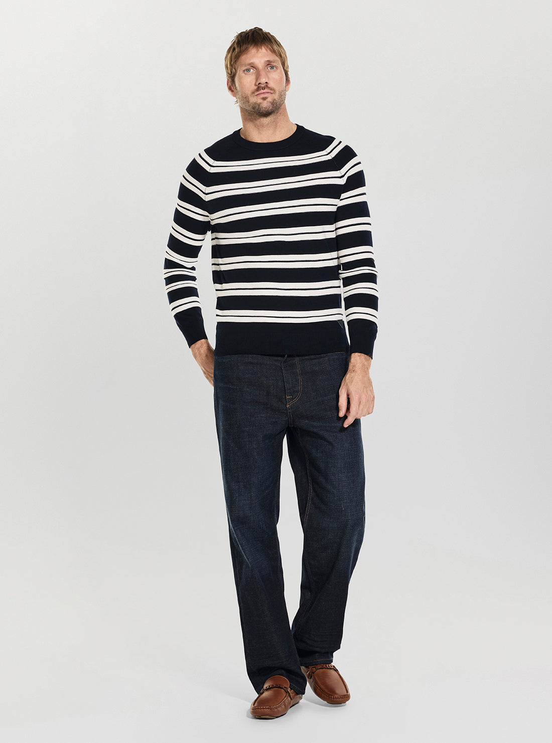 GUESS Mens Blue Salt White Stripes Larrie Sweater M6GR14Z0571 Full View
