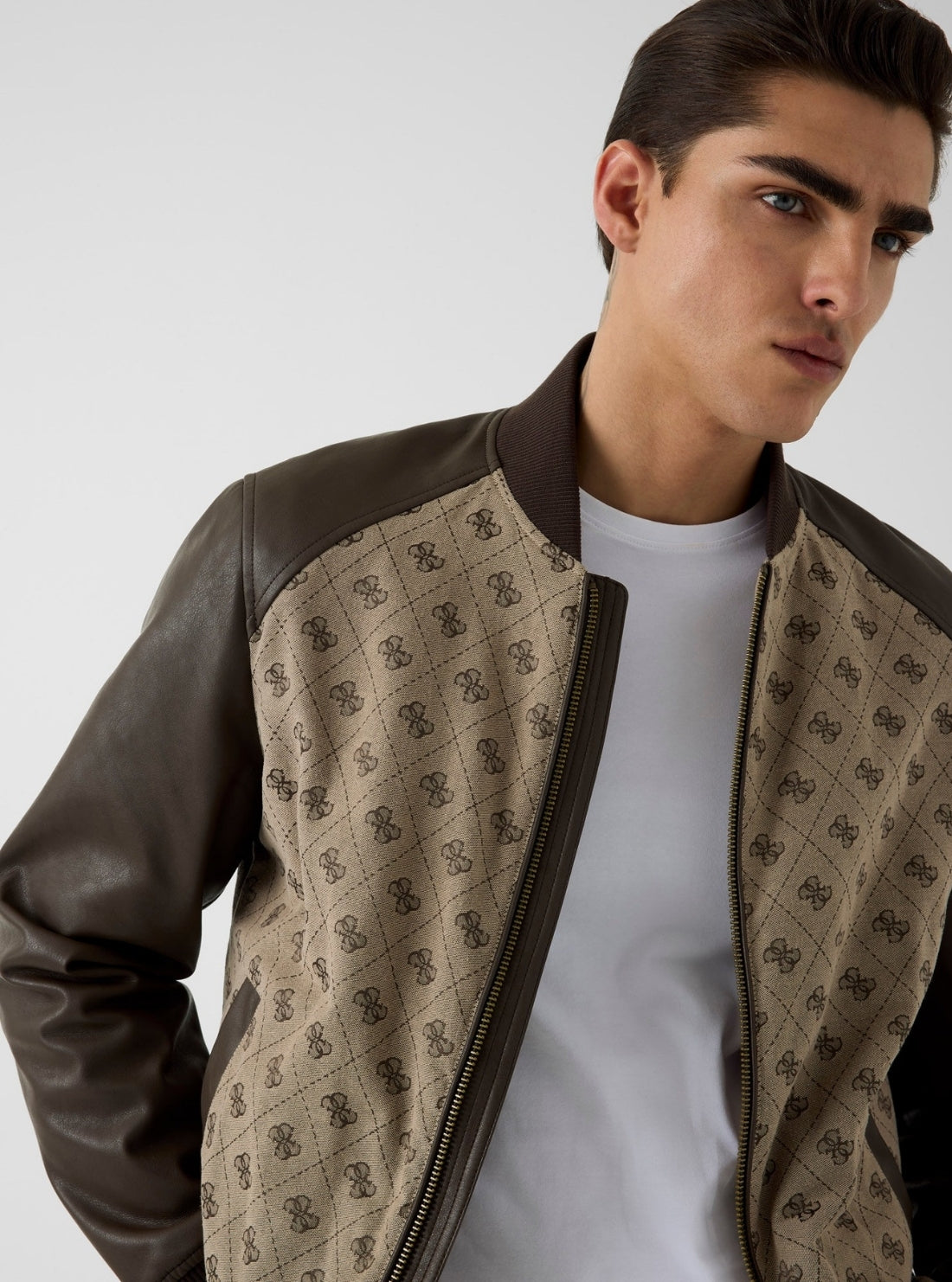 GUESS Mens Sand 4G Logo Monogram Bomber Jacket M6YL13W2804 Detail View