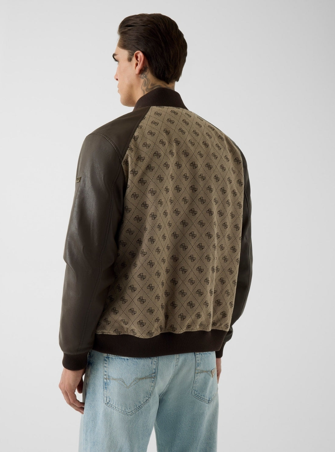 GUESS Mens Sand 4G Logo Monogram Bomber Jacket M6YL13W2804 Back View