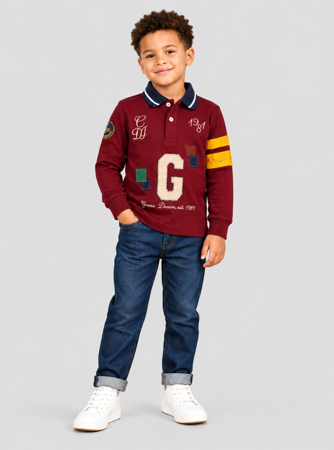 GUESS Kids Chocolate Bark Long Sleeve Polo Shirt (2-7) N6BP01K8017 Model View