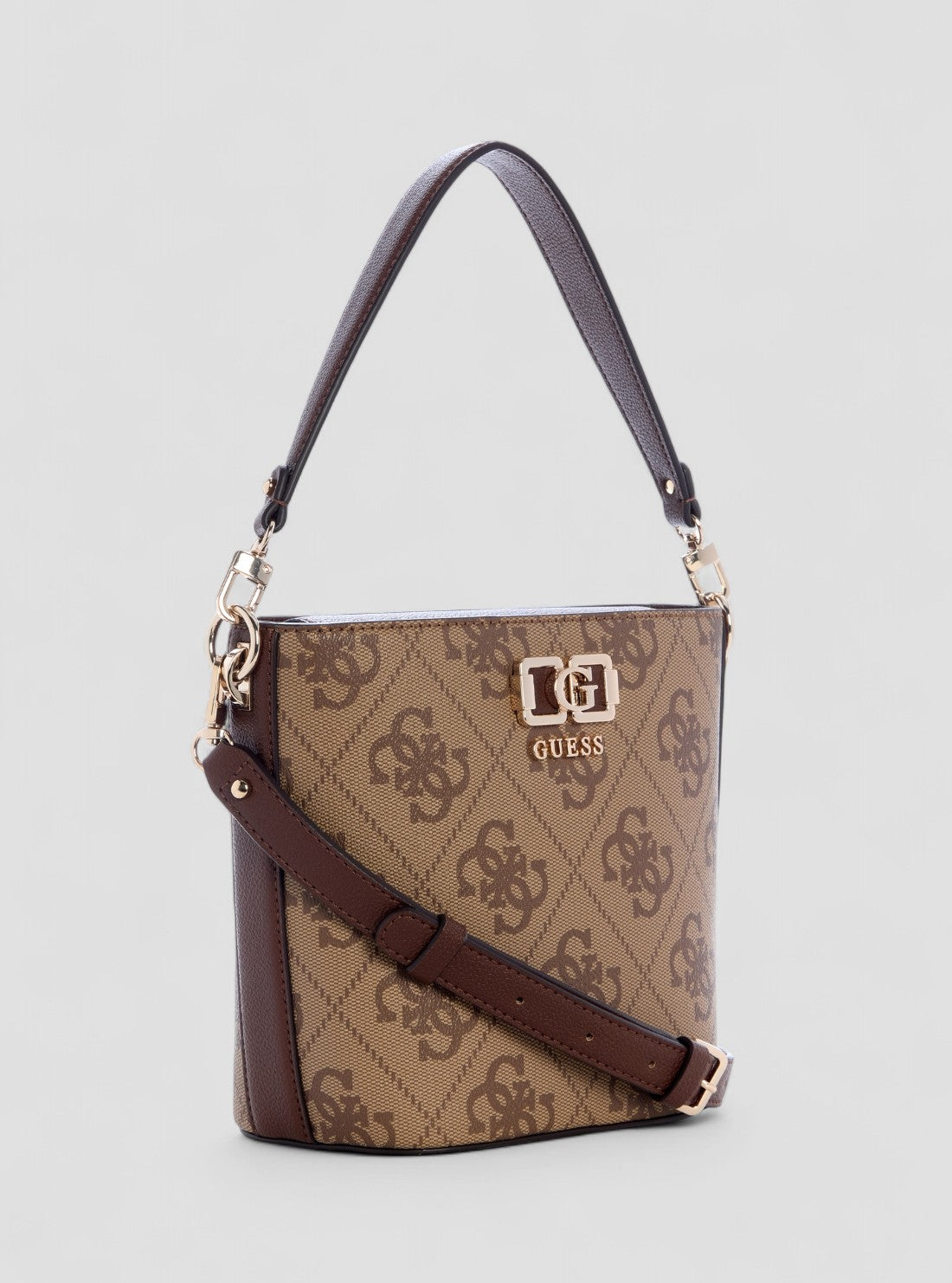 GUESS Womens Brown Logo Karnilla Logo Bucket Bag OS990101 Front Side View