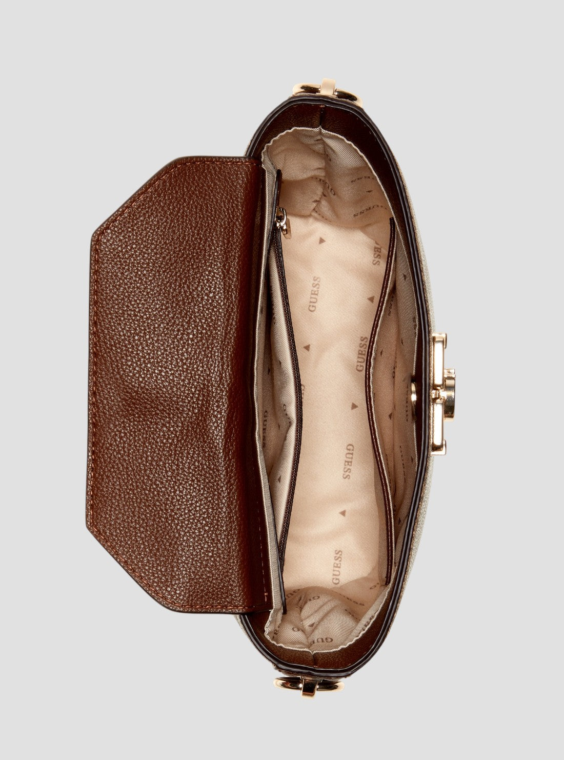 GUESS Womens Brown Logo Karnilla Logo Bucket Bag OS990101 Inside View