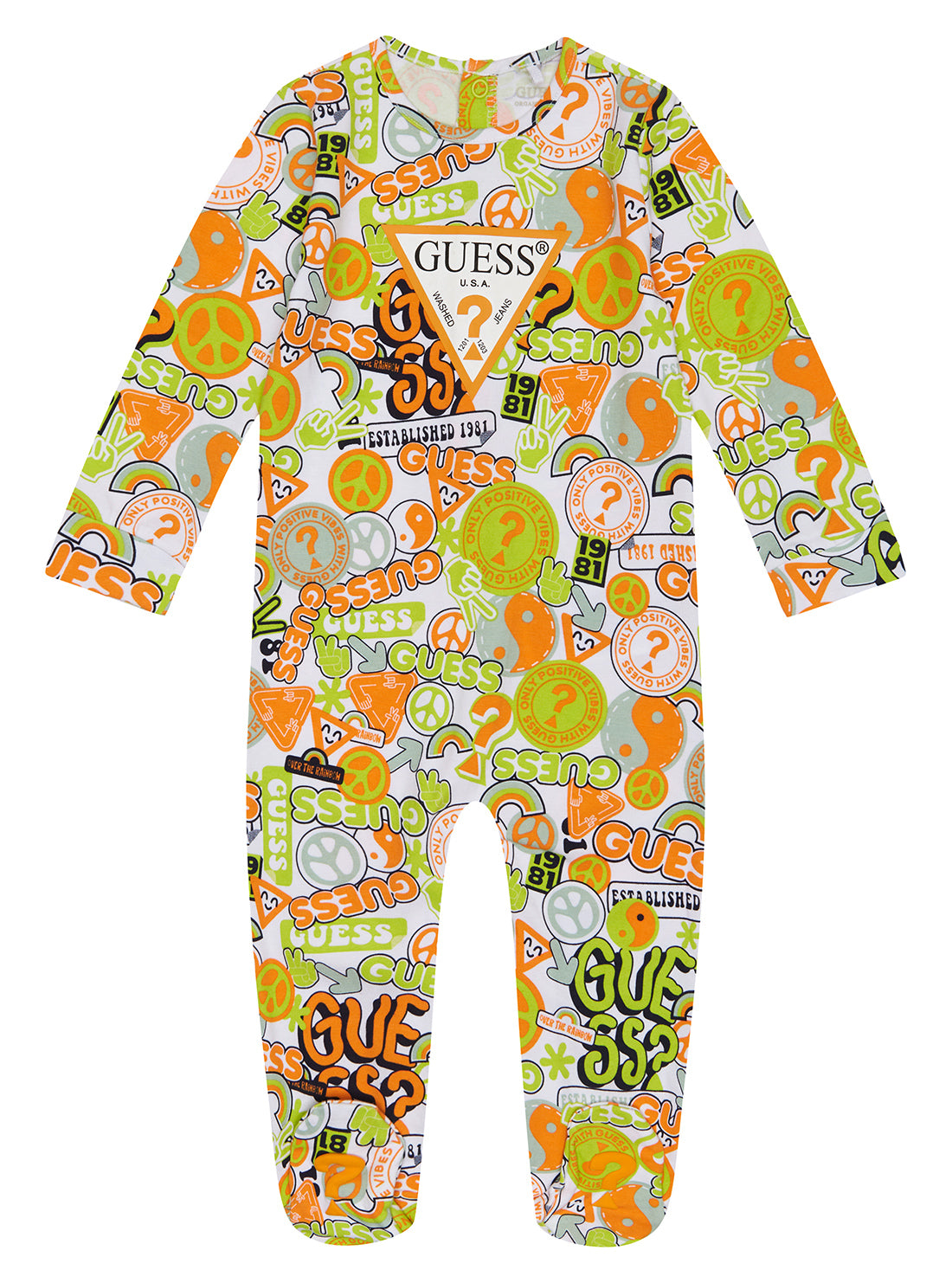 Orange and Green Peace Logo Onesie (0-12M) | GUESS Kids | front view
