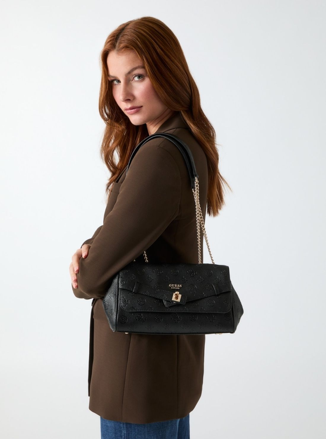 GUESS Womens Black Logo Ella Crossbody Flap Bag PD974621 Model View