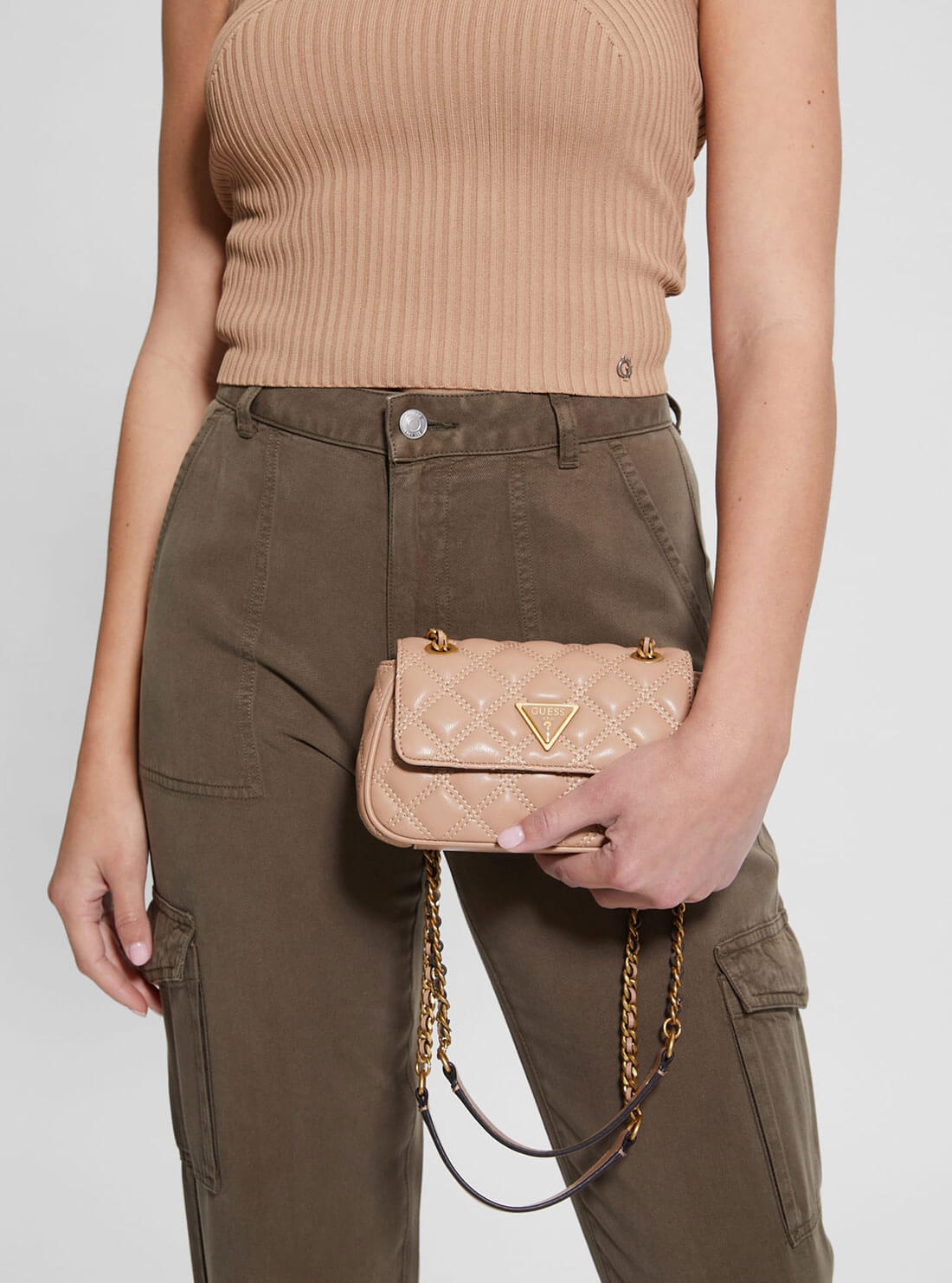 Beige Giully Mini Convertible Crossbody Bag | GUESS Women's Handbags | model view