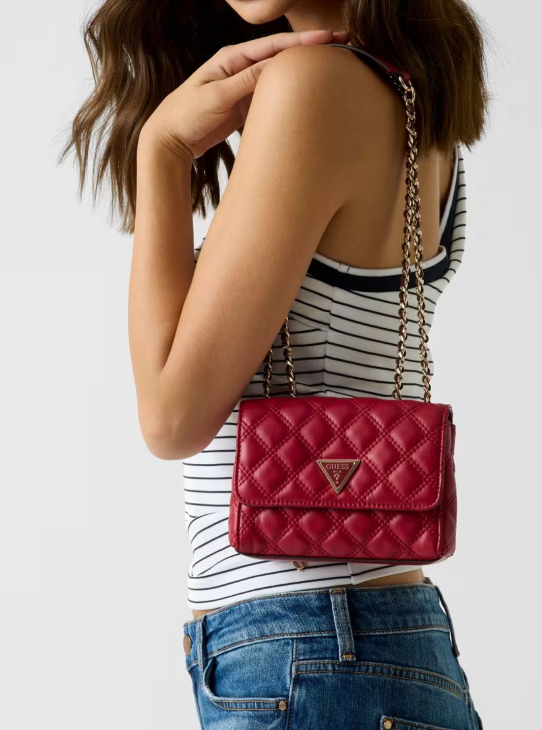 GUESS Womens Red Giully Mini Crossbody Bag QG967374 Model view