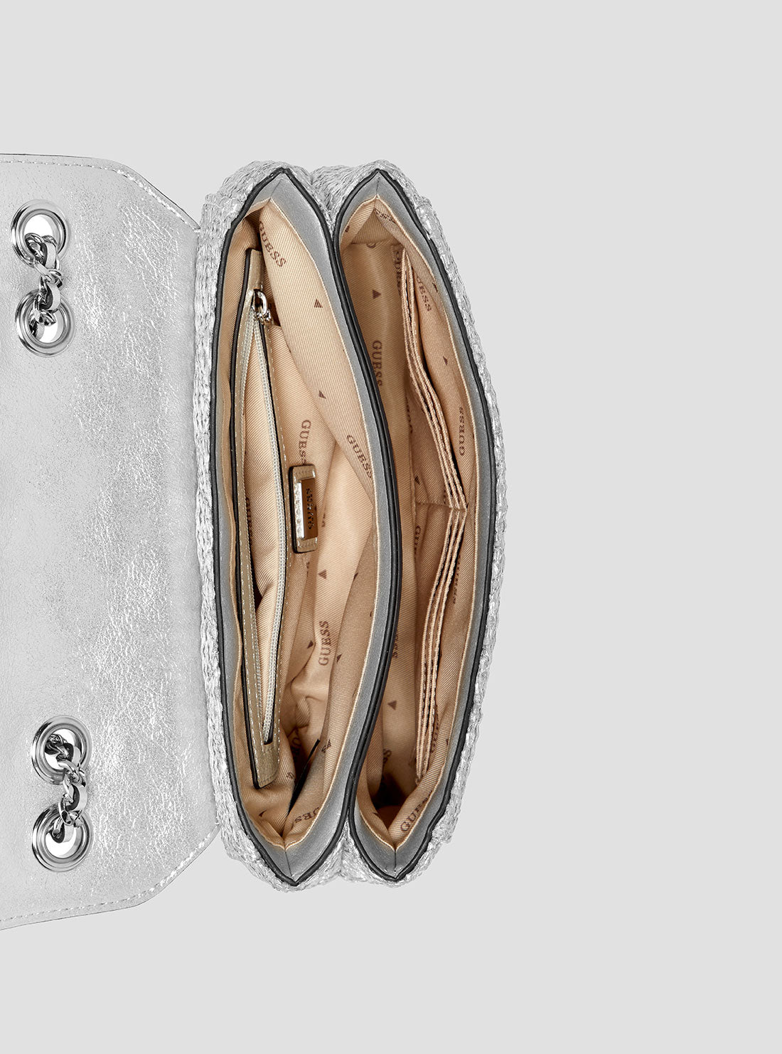 GUESS Womens Silver Giully Convertible Crossbody Bag QM967320 Inside View