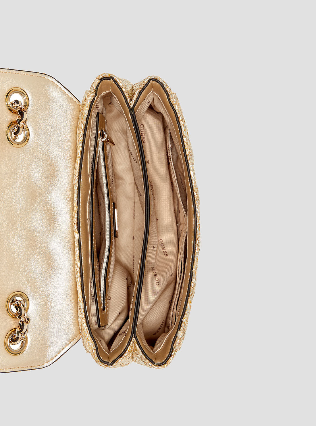 GUESS Womens Gold Guilly Convertible Crossbody Bag QW967320 Inside View
