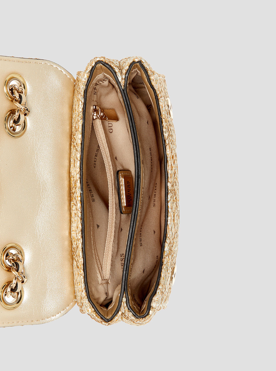 GUESS Womens Gold Giully Mini Convertible Crossbody Bag QW967374 Inside View