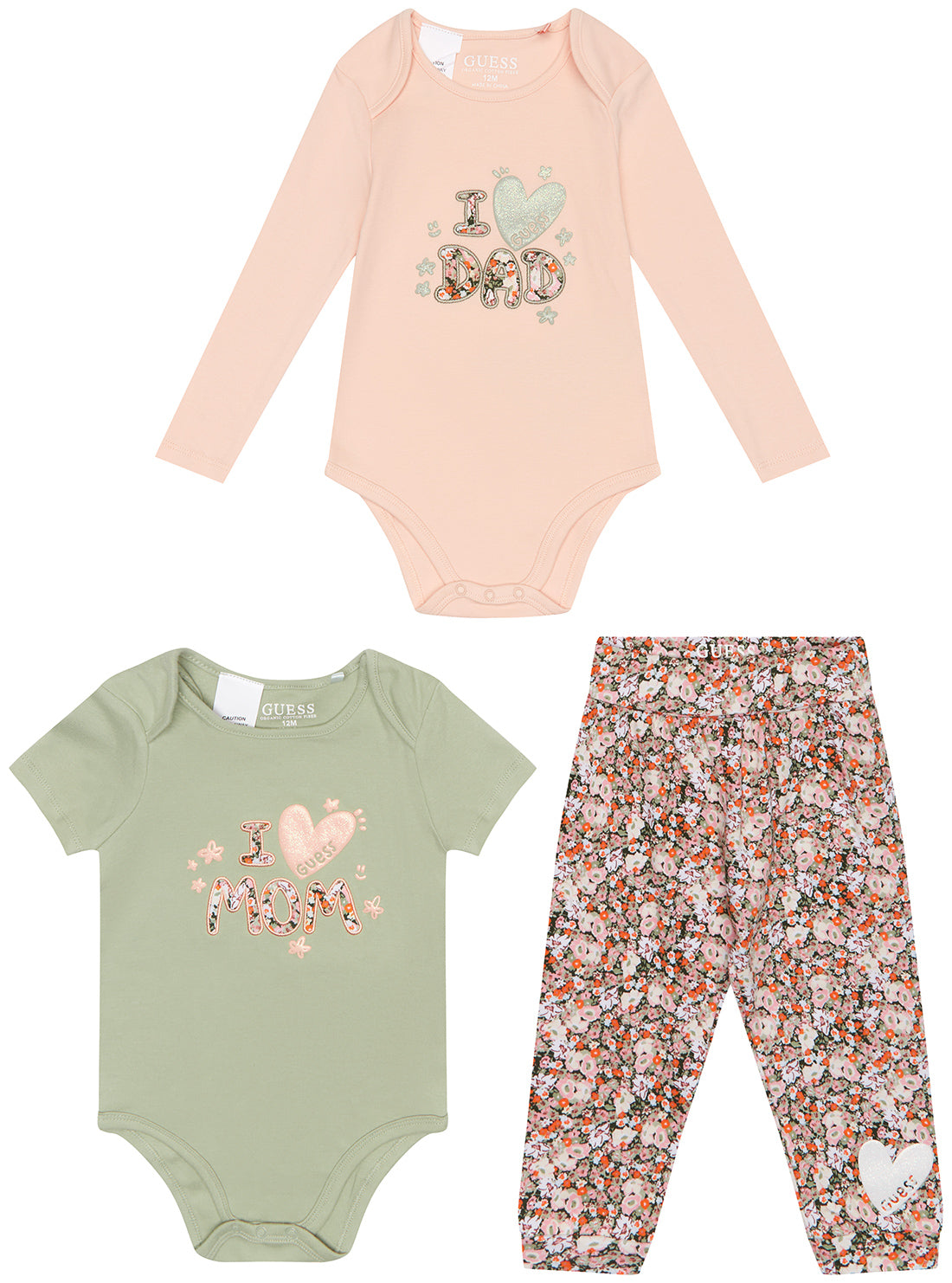 Pink and Green "I Love" Onesie and Print Pant Set (0-9M) | GUESS Kids | front view