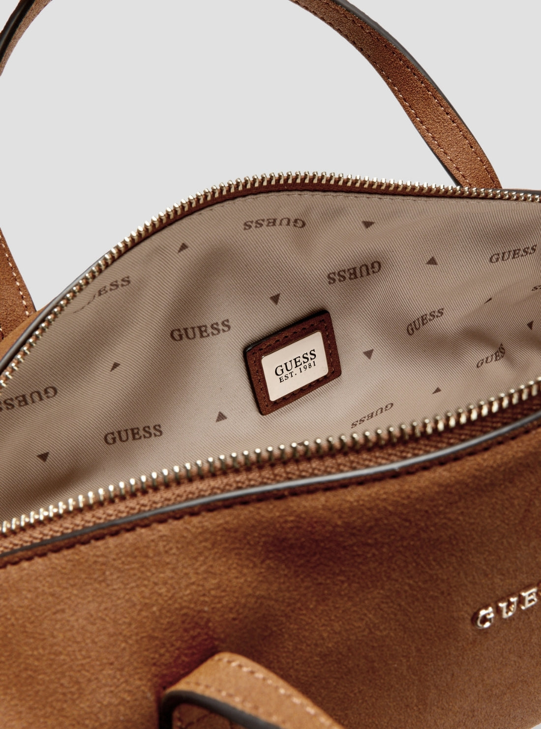 GUESS Womens Brown Taylor Mini Barrel Satchel Faux-Suede Bag SG232576 Detail View