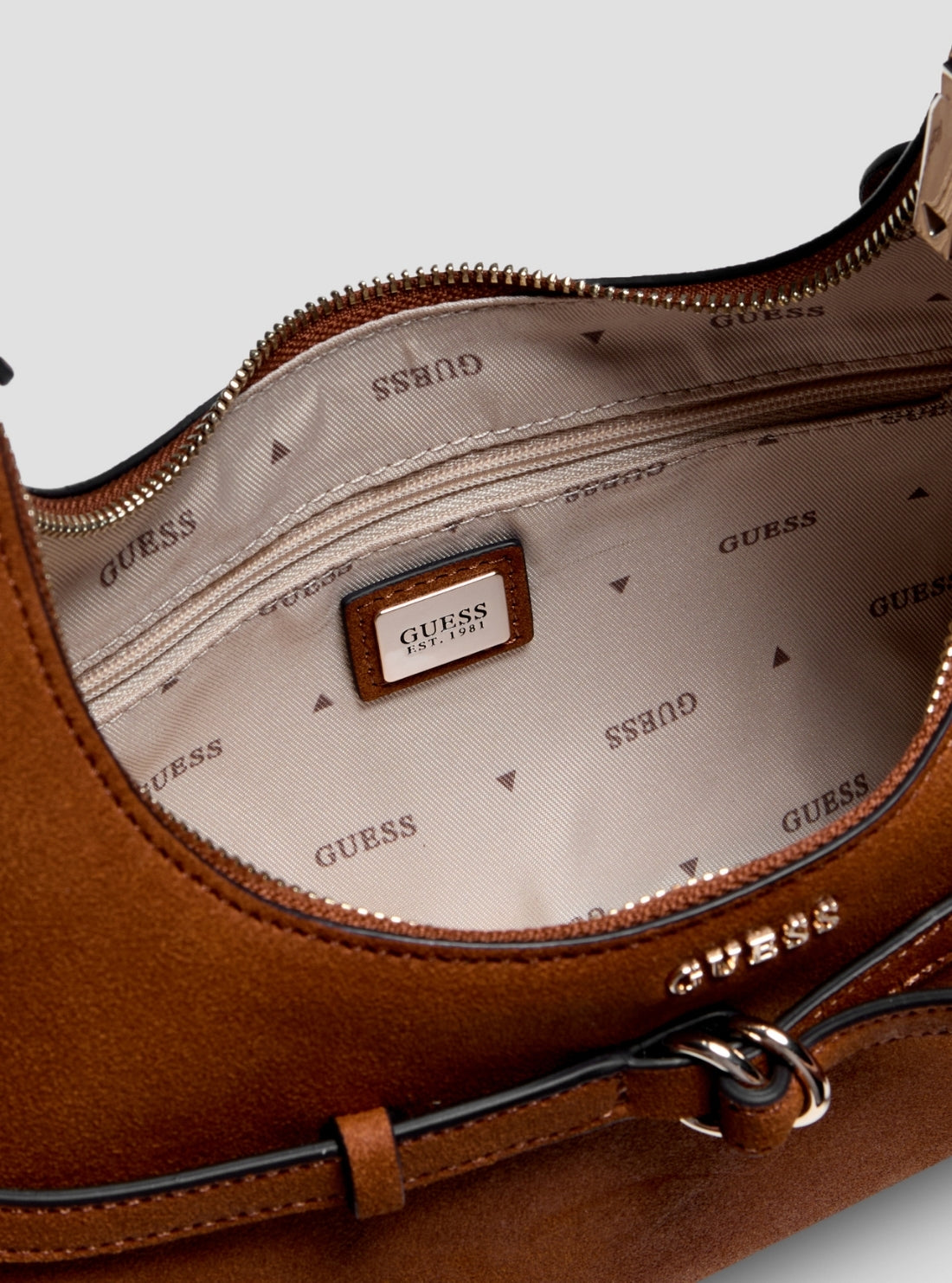 GUESS Womens Brown Taylor Mini Hobo Faux-Suede Bag SG232577 Detail View