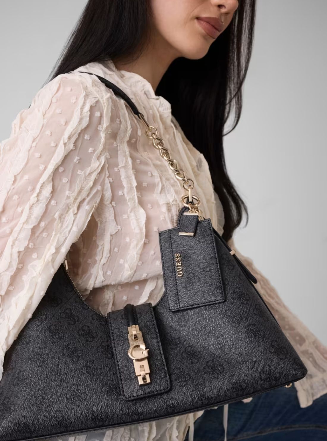 GUESS Womens Black Logo Yvonne Hobo Bag SG237801 Model View