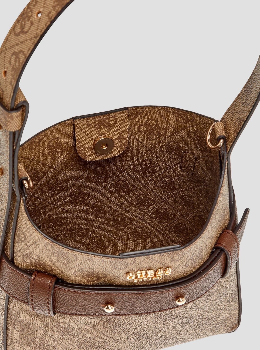 GUESS Womens Brown Logo Angie Small Bucket Bag SG262403 Inside View