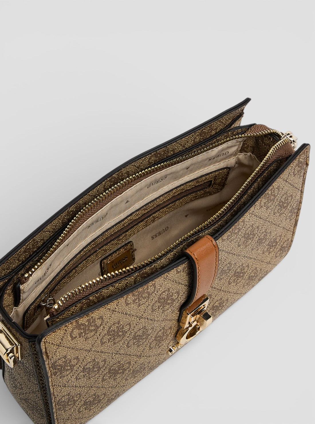 GUESS Handbags Brown Logo Zamira Top Zip Shoulder Bag SG962918 Inside View