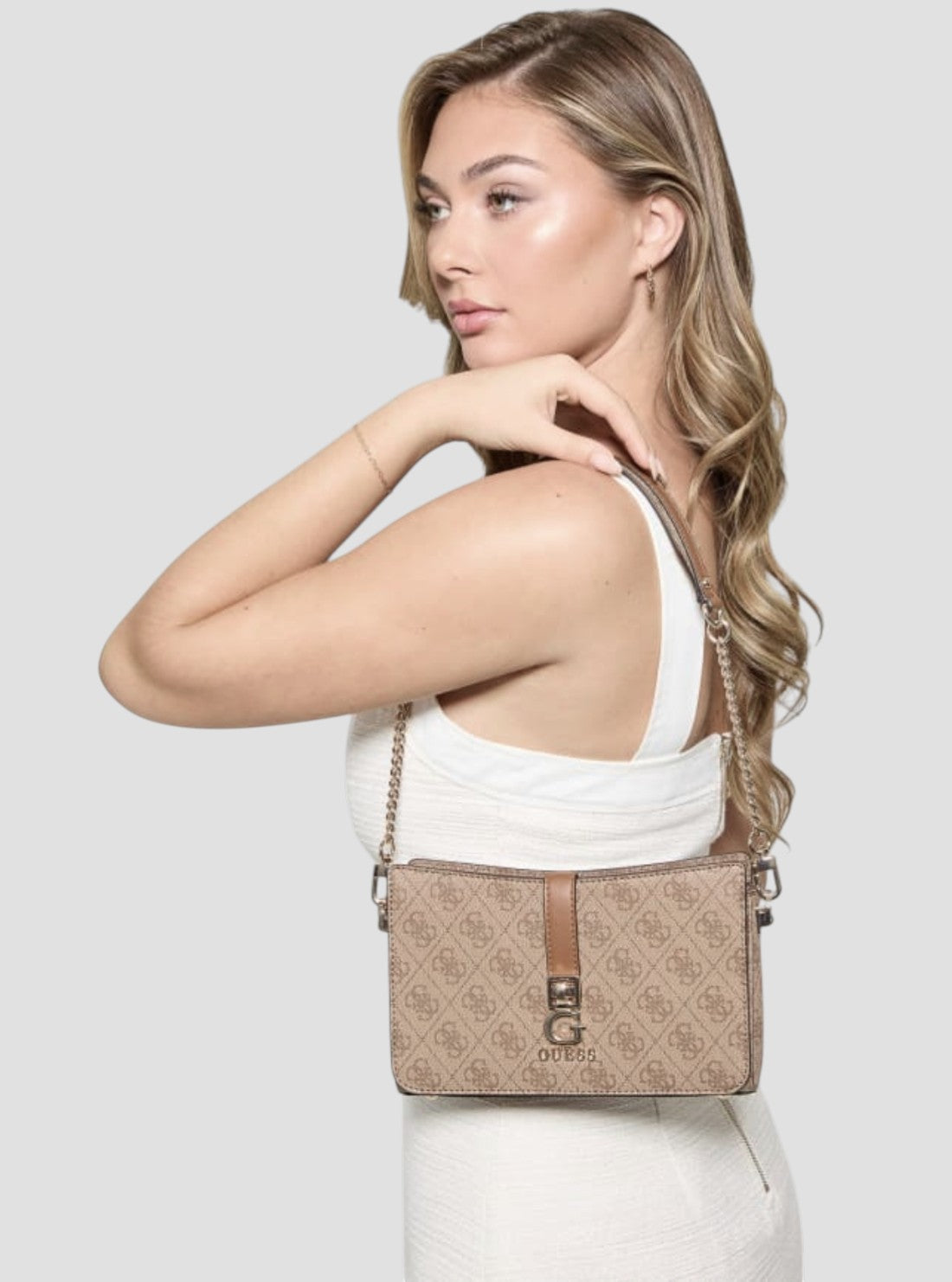 GUESS Handbags Brown Logo Zamira Top Zip Shoulder Bag SG962918 Model View