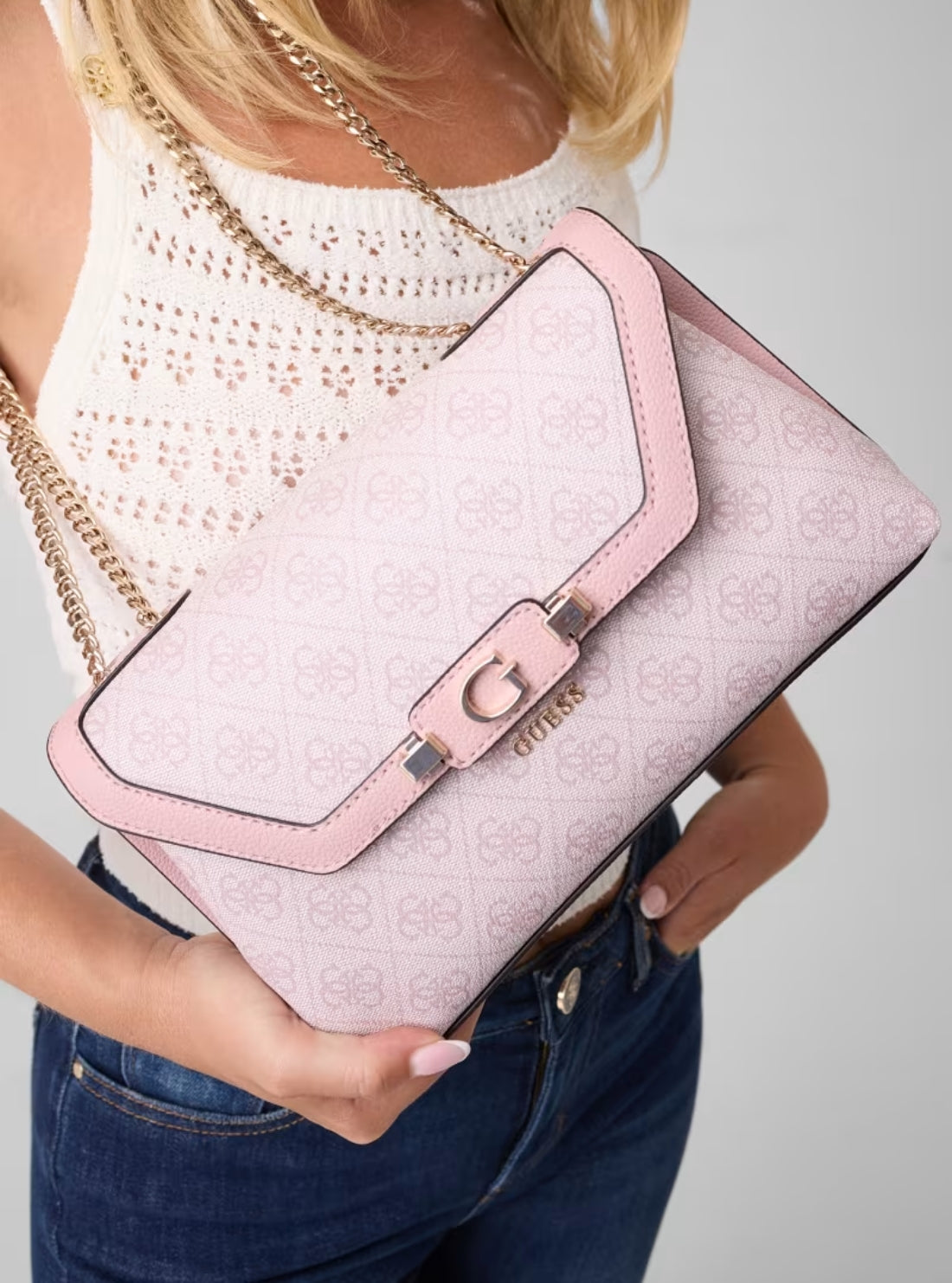 GUESS Womens Pink Logo Lindsey Crossbody Flap Bag SG9749210 Model View
