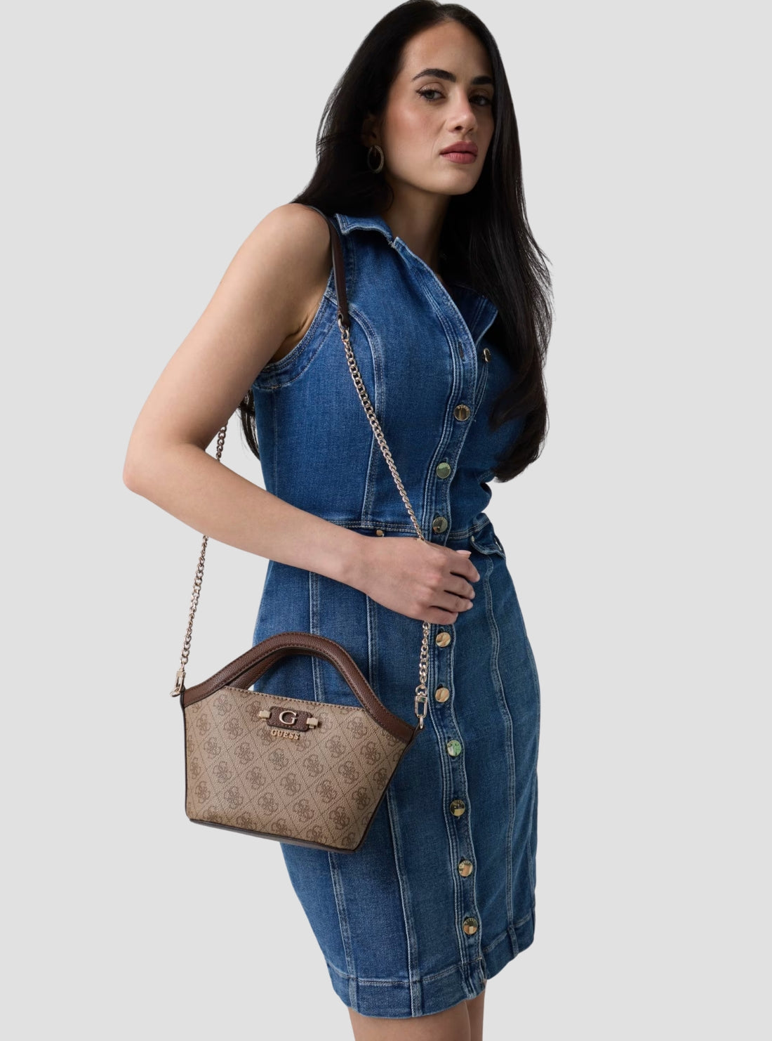 GUESS Womens Brown Logo Lindsey Mini Tote Bag SG974975 Model View
