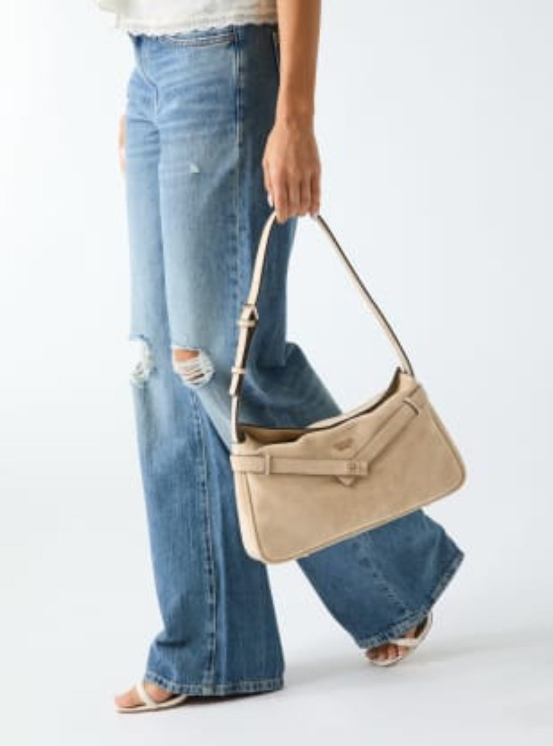 GUESS Womens Taupe Ella Faux-Suede Shoulder Bag SG975418 Model View