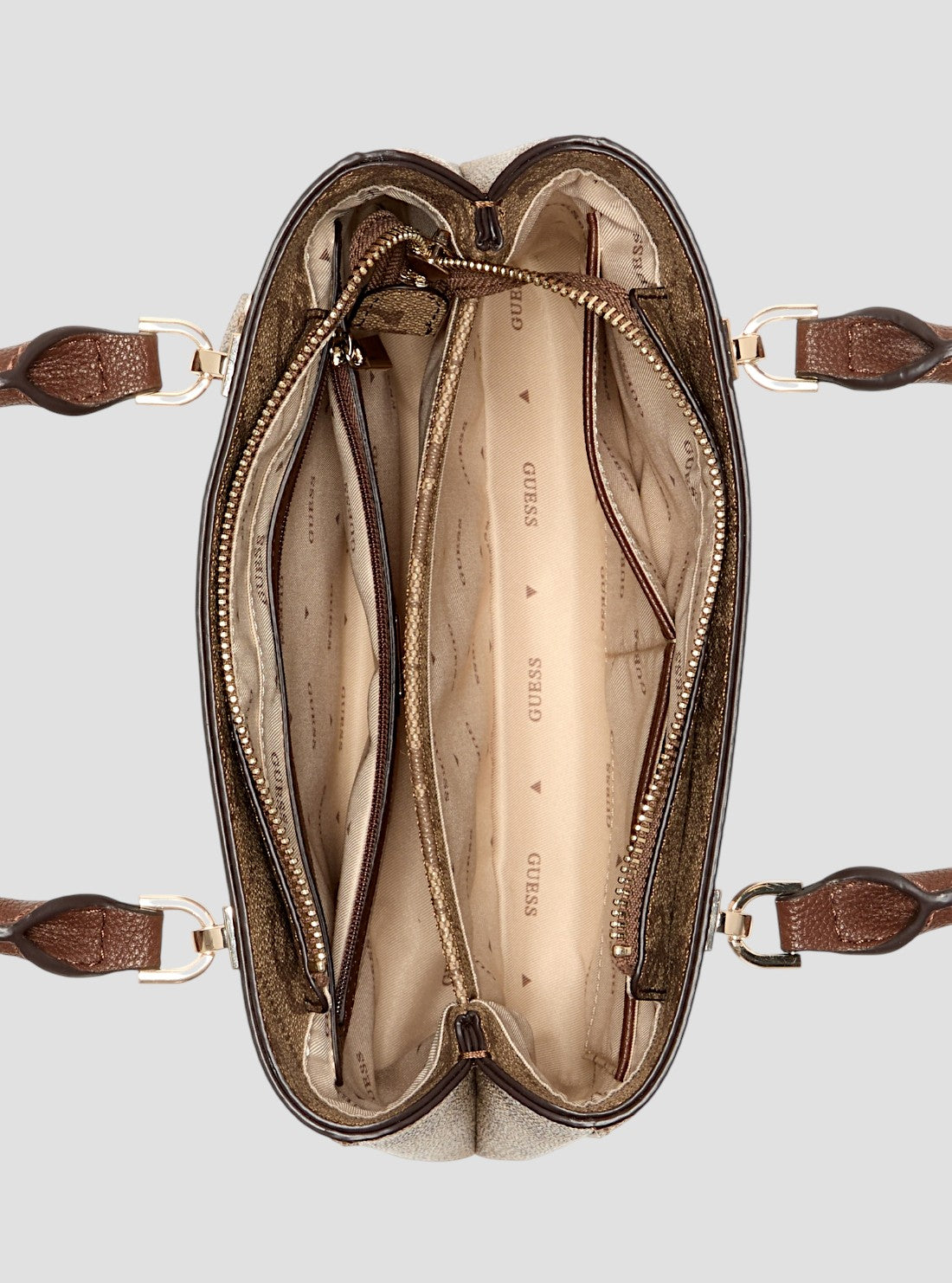 GUESS Womens Brown Logo Noelle Small Compartment Satchel Bag SO967205 Inside View