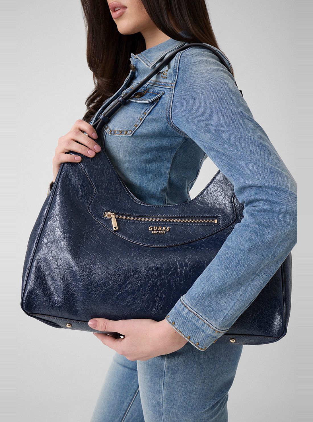 GUESS Womens Midnight Blue Antonia Large Hobo Bag TG218302 Model View