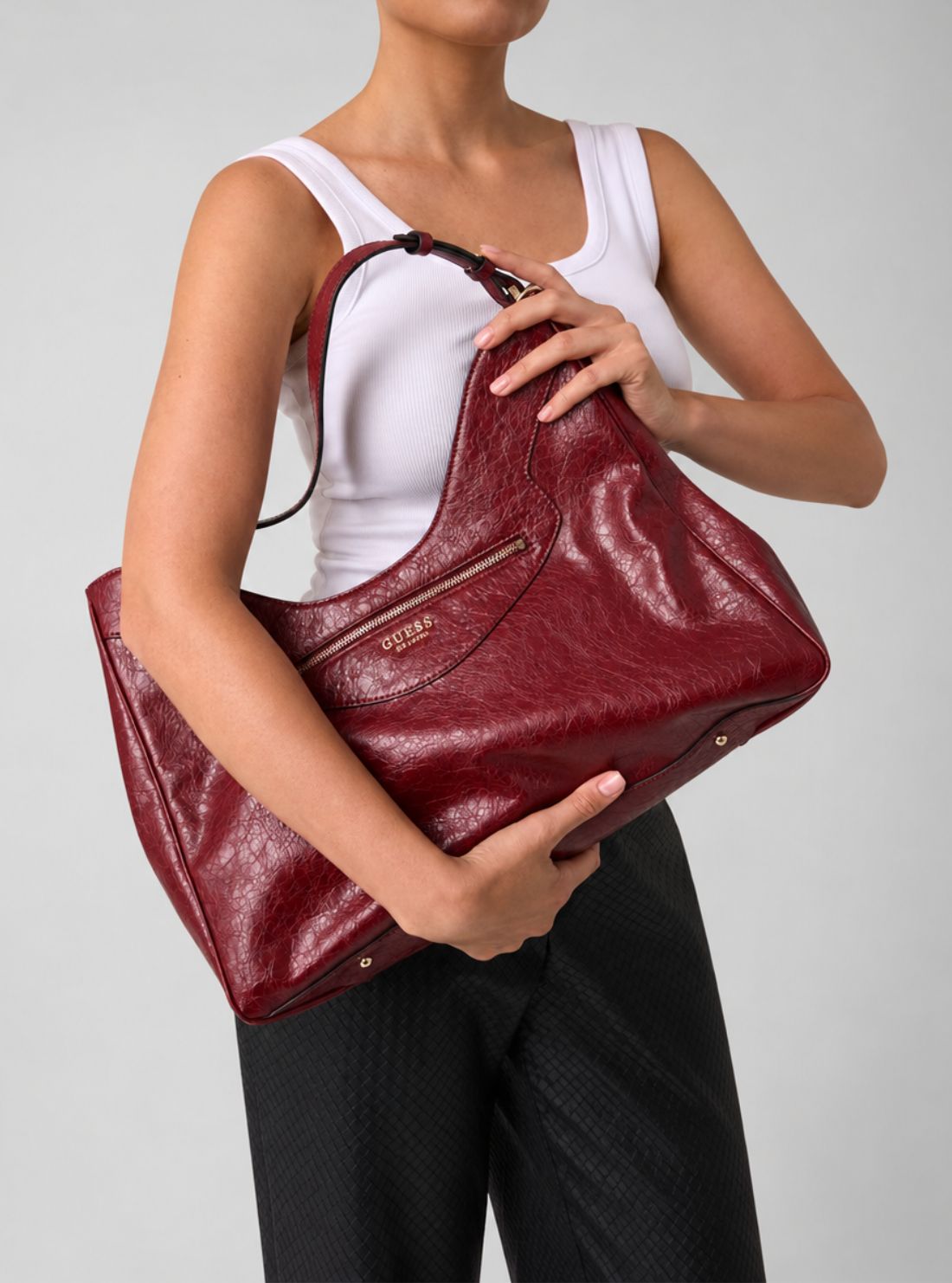 GUESS Womens Red Antonia Large Hobo Bag TG218302 Model View