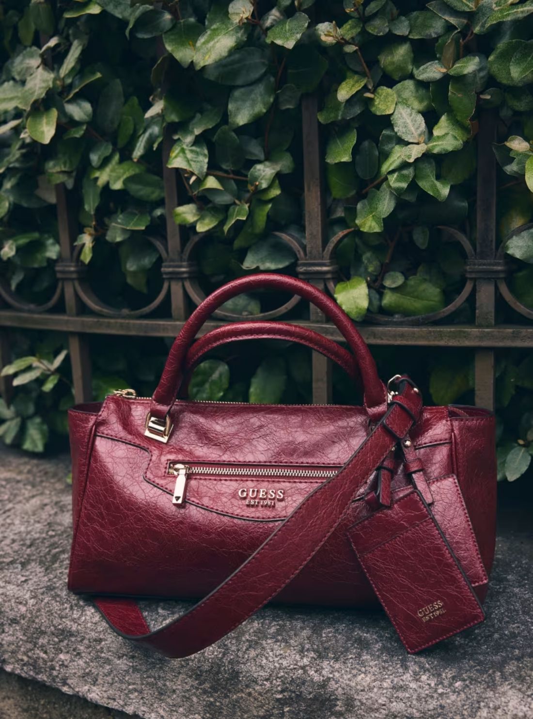 GUESS Womens Red Antonia Small Satchel Bag TG218305 Model View1