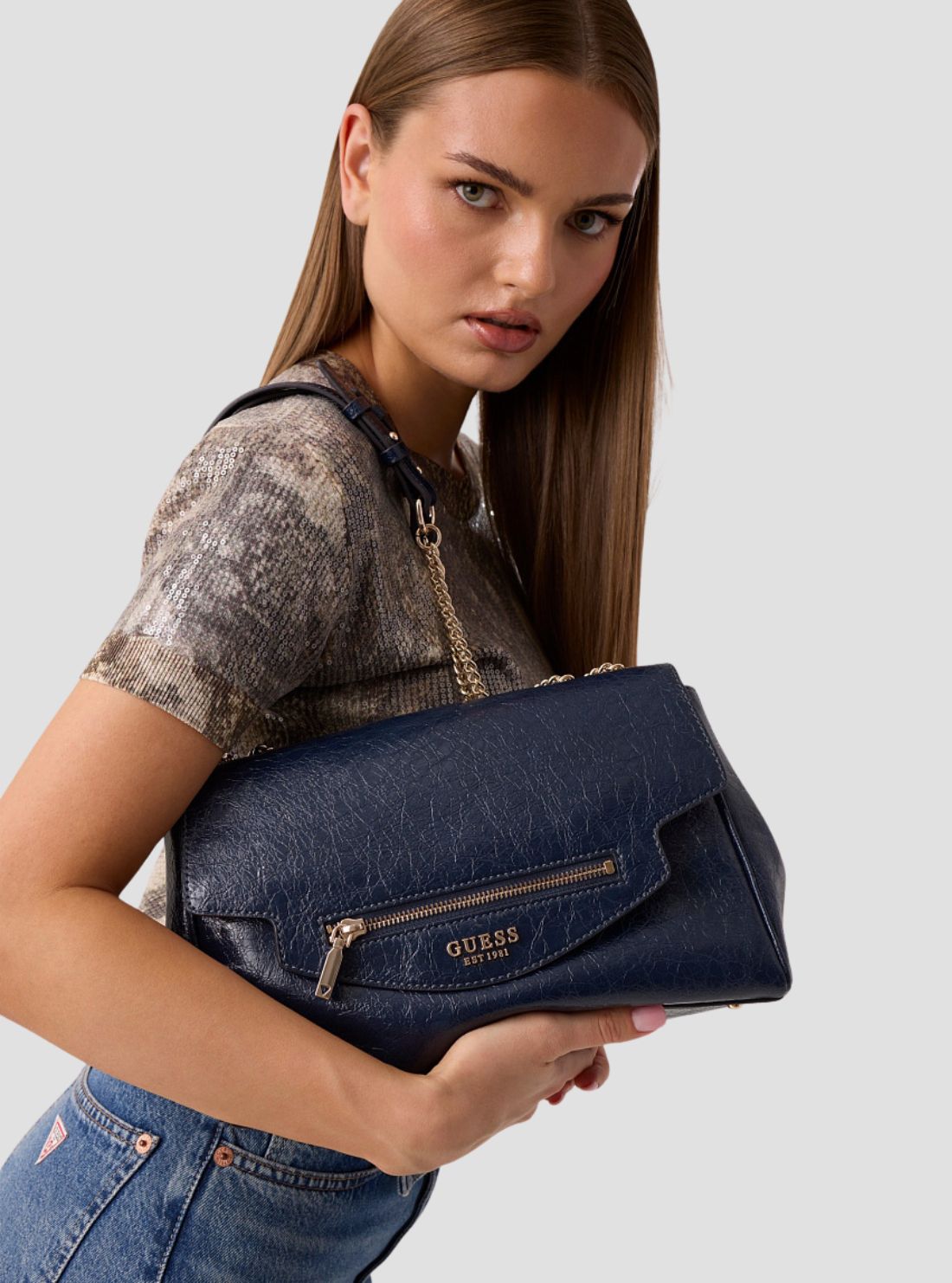GUESS Womens Midnight Blue Antonia Convertible Crossbody Flap Bag TG218321 Model View