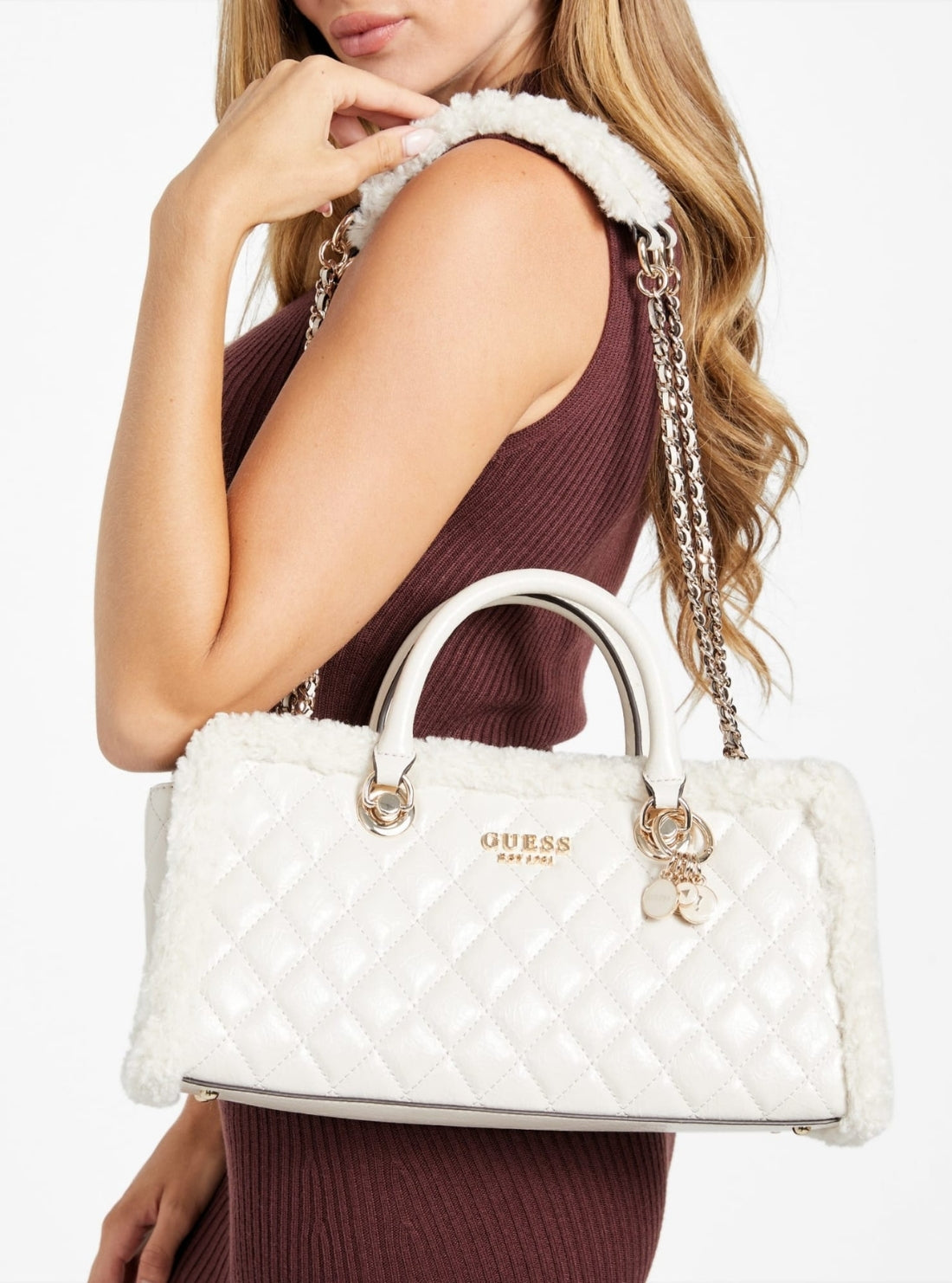 GUESS Womens White Cristi Shoulder Satchel Bag TG813909 Model View