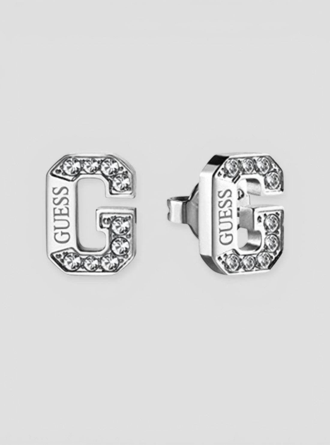 GUESS Womens Silver Pave G Logo Crystal Stud Earrings UBE20030SLV Front View