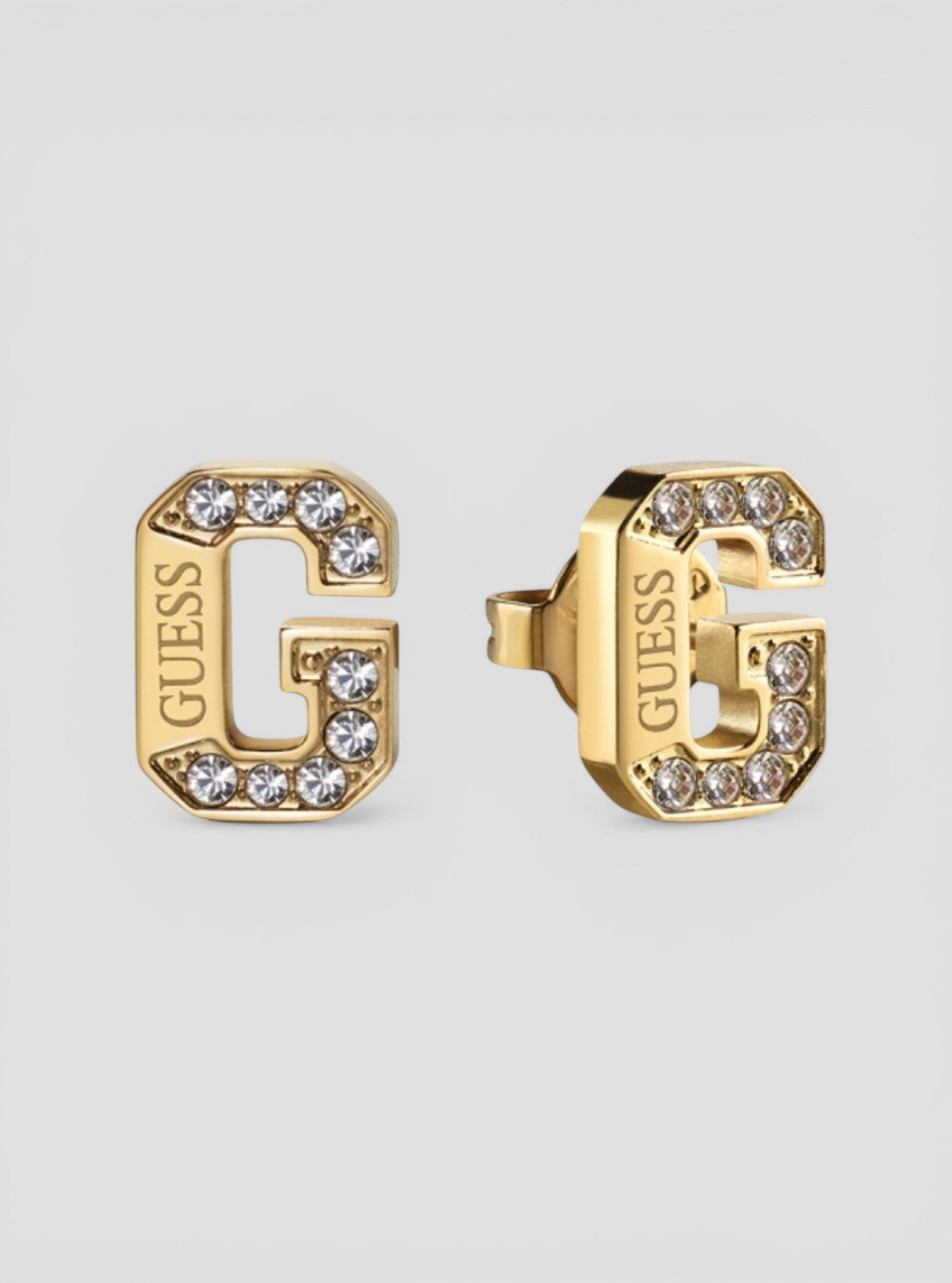 GUESS Womens Gold Pave G Logo Crystal Stud Earrings UBE20031GLD Front View