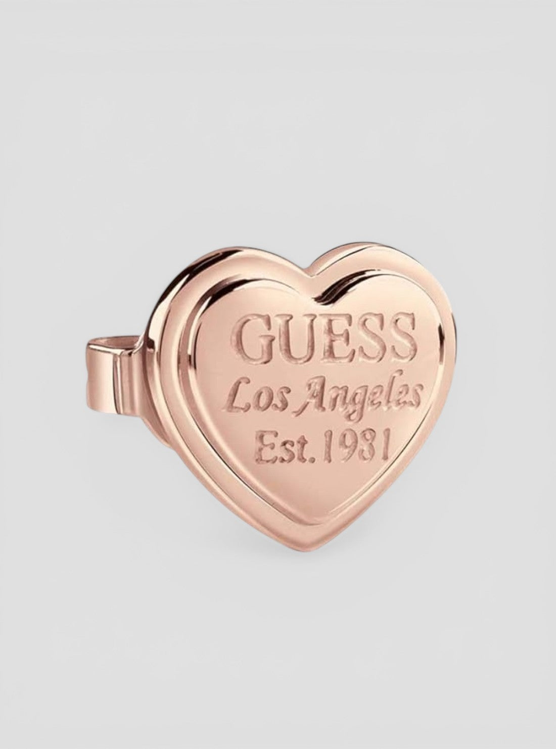 GUESS Accessories Rose Gold Heart Script Stud Earrings UBE28010 Detail View