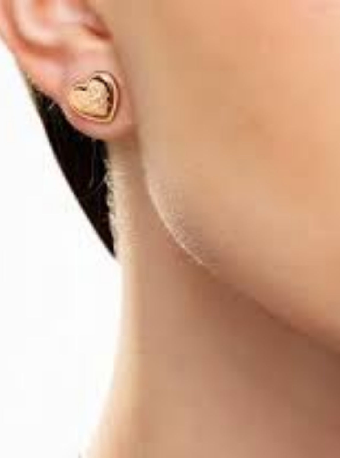 GUESS Accessories Rose Gold Heart Script Stud Earrings UBE28010 Model View