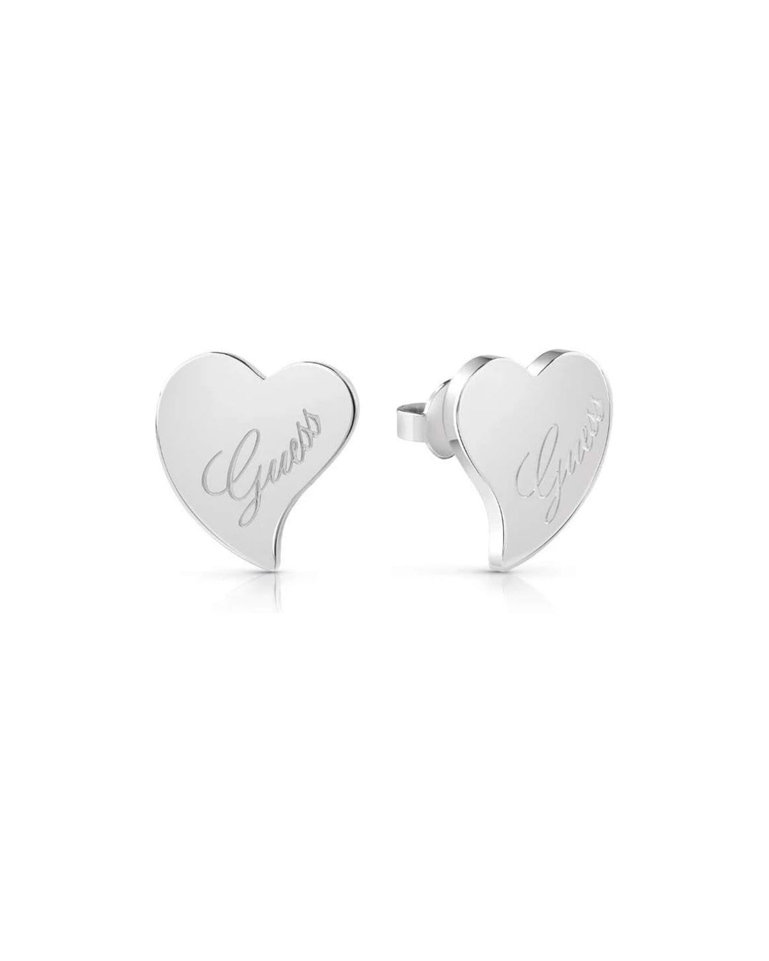 GUESS Accessories Silver Love Heart Stud Earrings UBE28046SILVER Front View
