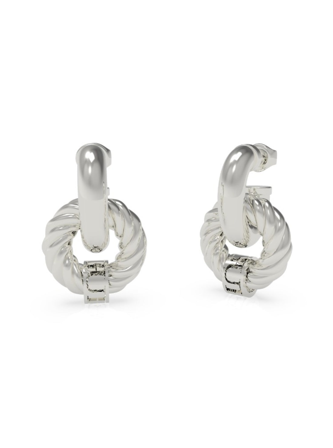 GUESS Accessories Silver Twisted Torchon Hoop Drop Earrings UBE70008SILVER Front View