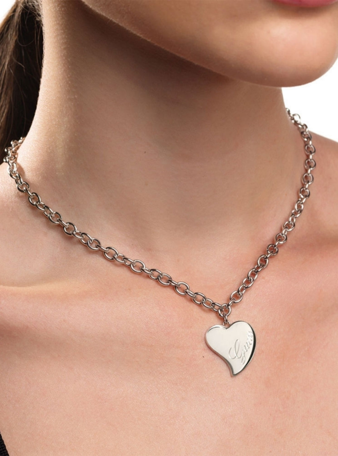 GUESS Accessories Silver Love Heart Necklace UBN28059SILVER Model View