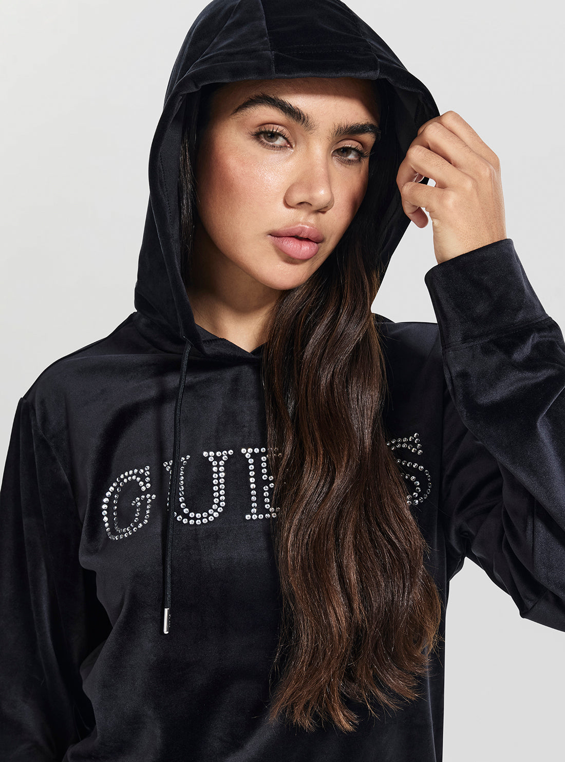 GUESS Womens Black Couture Hoodie Active Sweatshirt V4RQ25K0232 Detail View