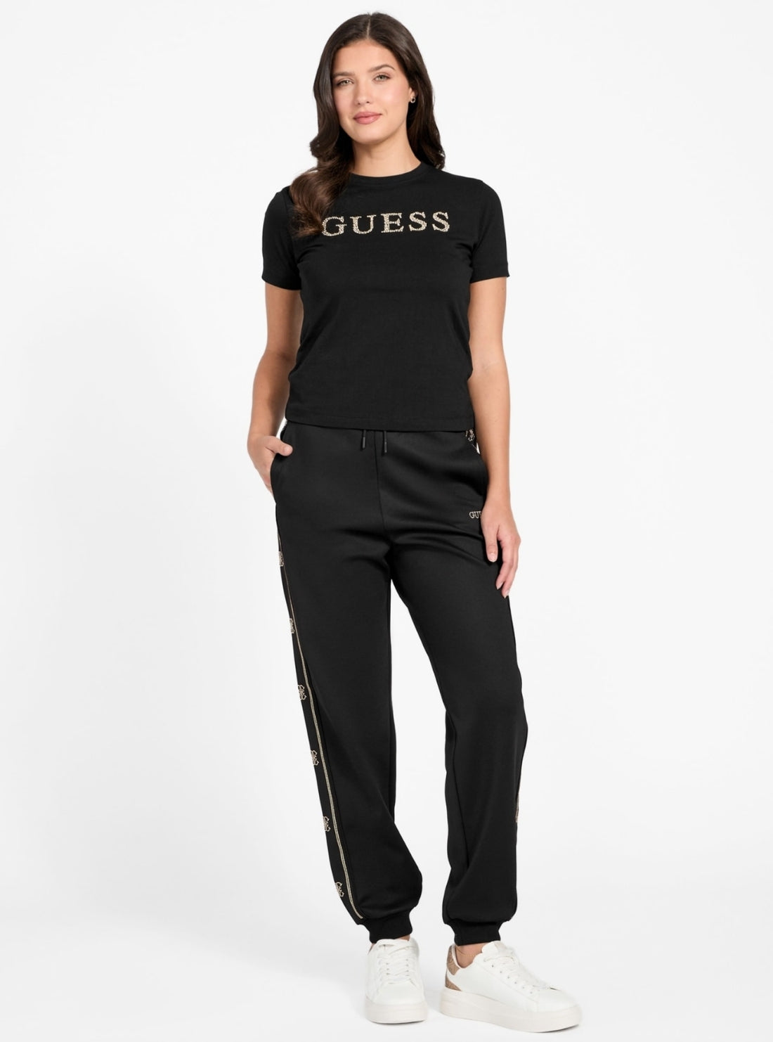 GUESS Womens Eco Black Octavia Rhinestone T-Shirt V6RI20J1314 Full View