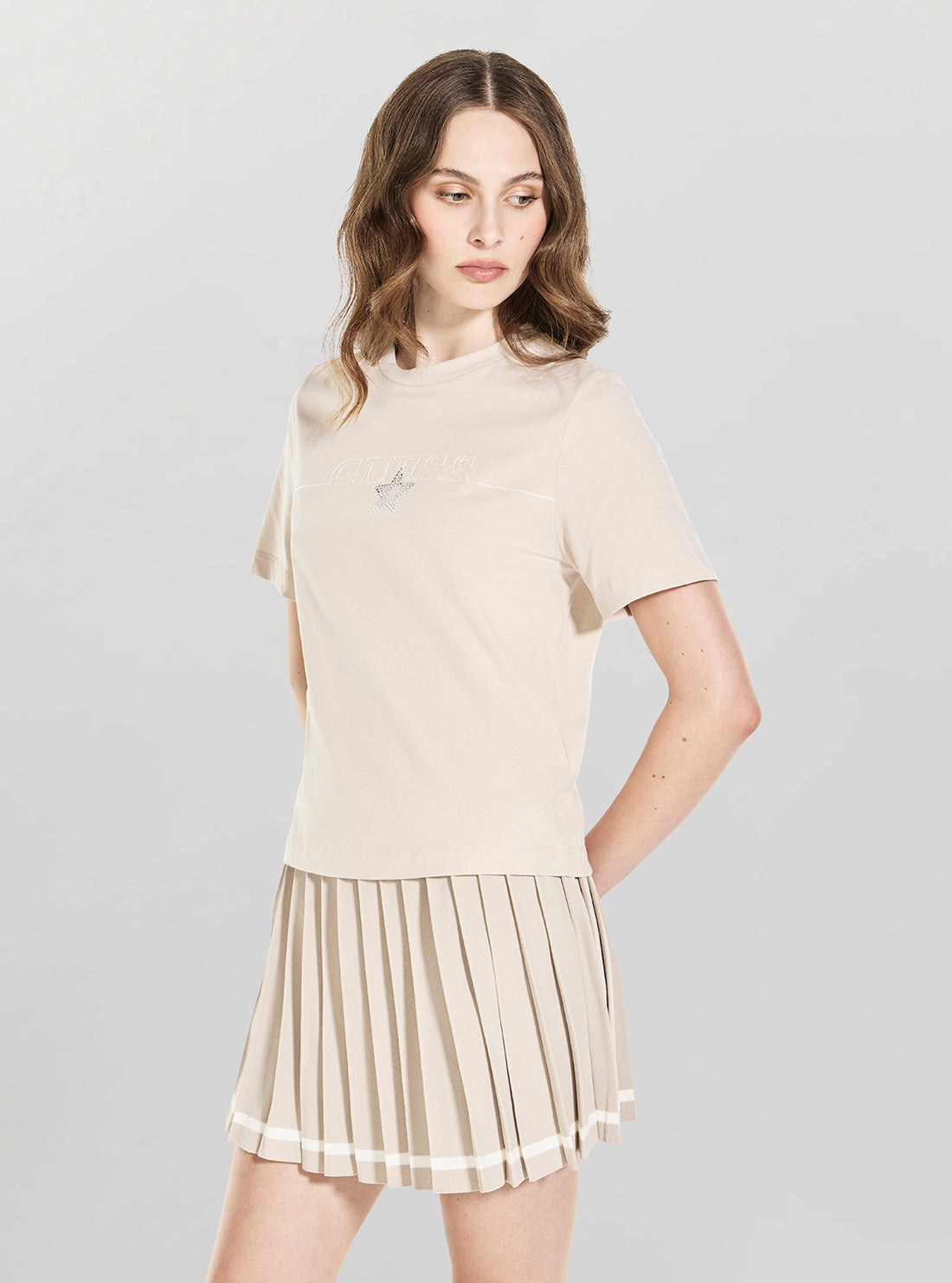 GUESS Womens Beige Agena Active T-Shirt V6YI05K4272 Front View