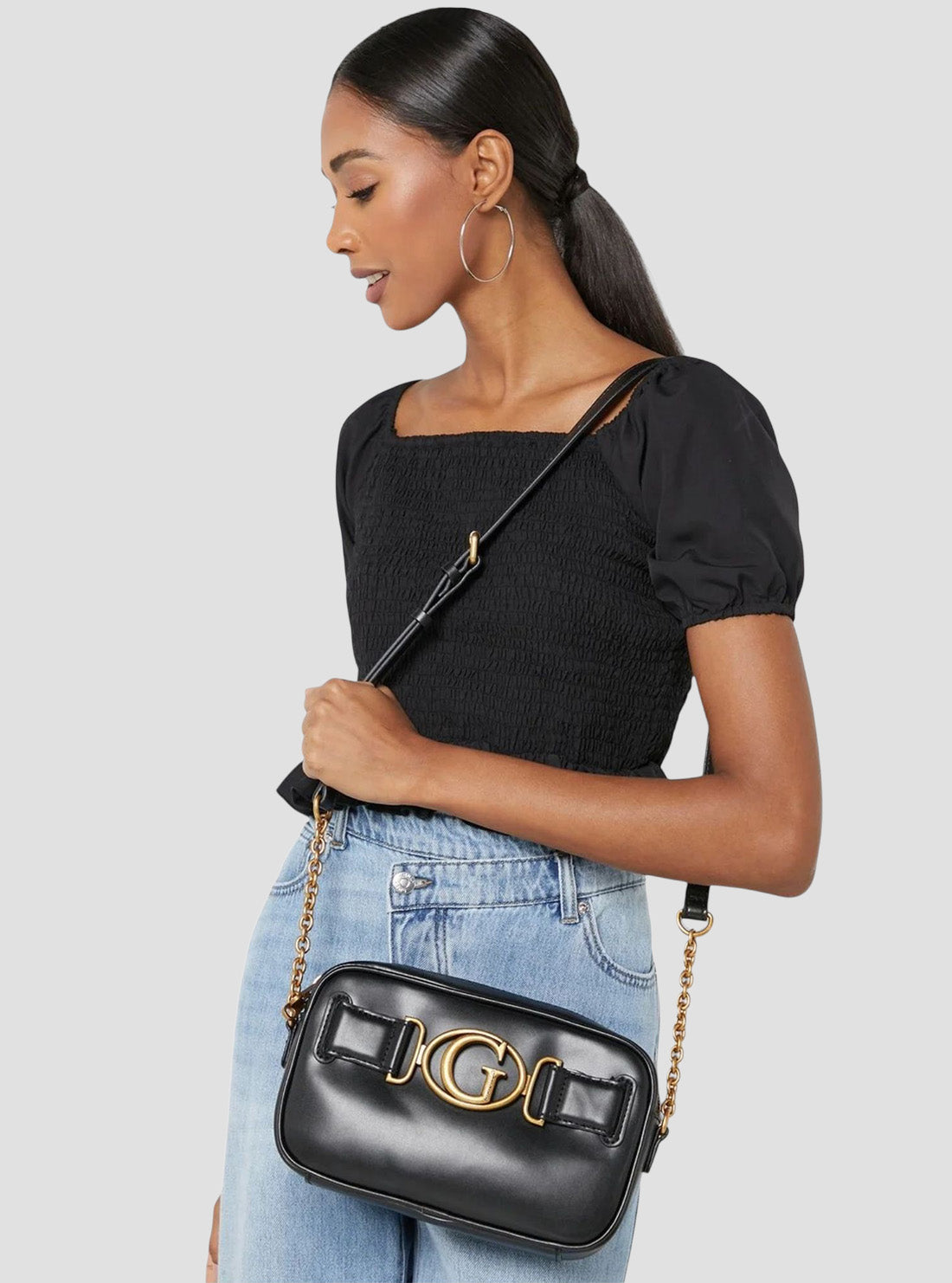 GUESS Women's Black Aviana Camera Bag VB841414 On Body View