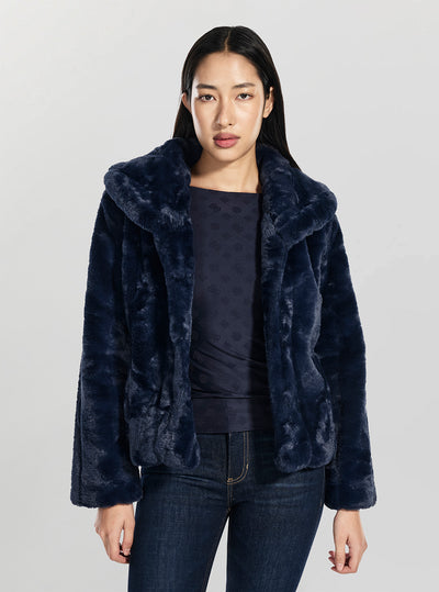 GUESS Womens Blue Sophy Faux Fur Jacket W0BL0NWDCH0 Front View