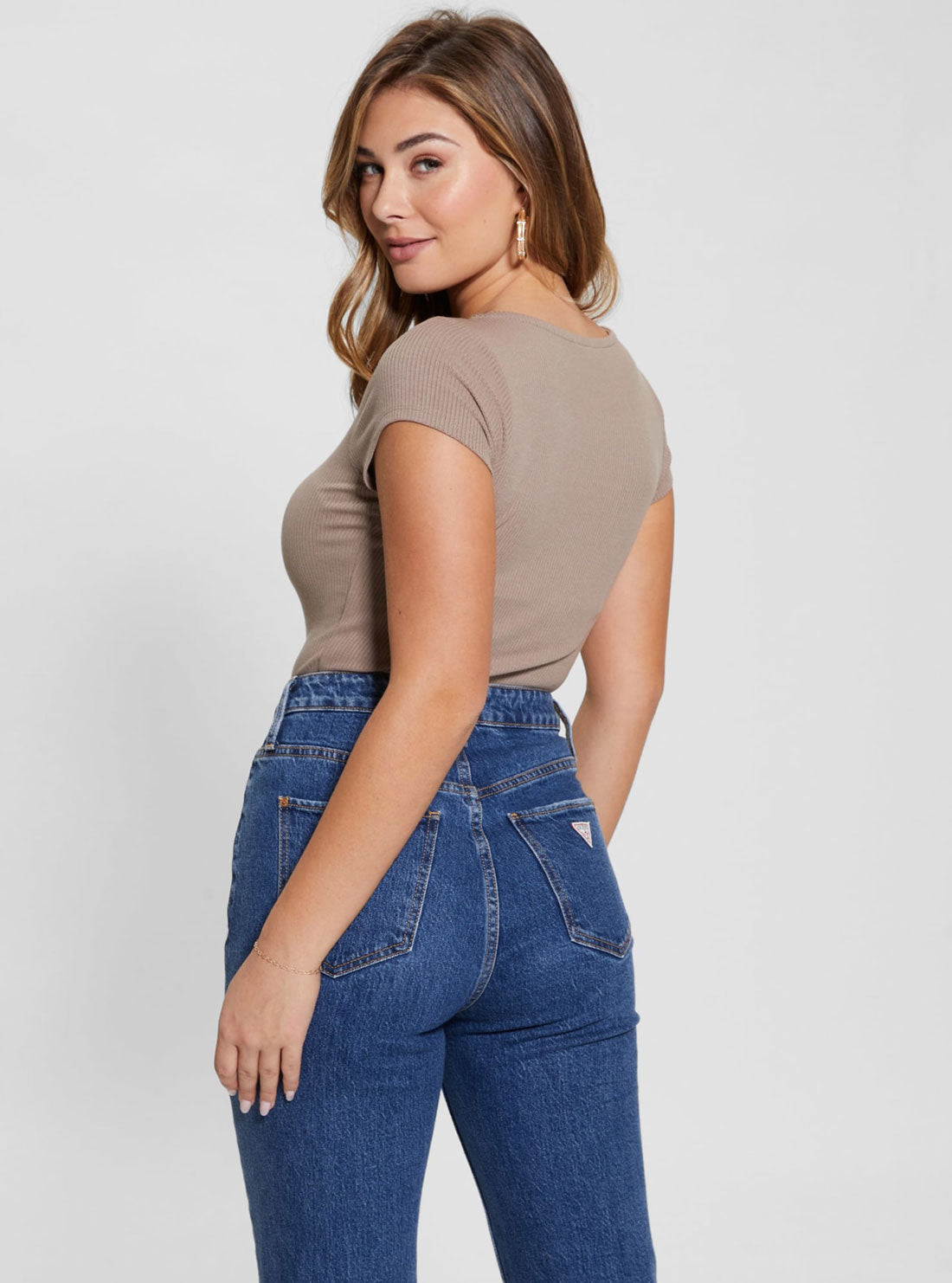 Eco Taupe Karlee Jewel Henley T-Shirt | GUESS Women's Apparel | back view