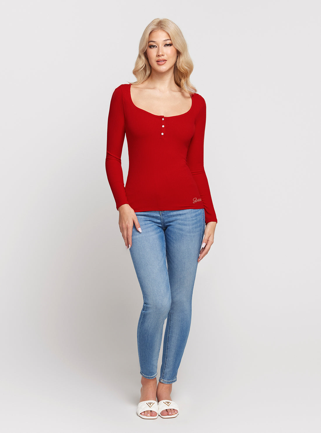 GUESS Red Karlee Long Sleeve Button Top  full view