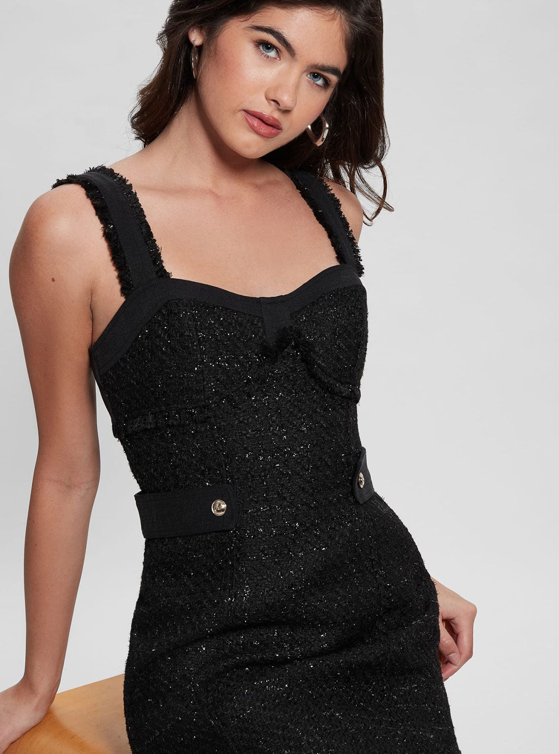 Black Clarissa Metallic Tweed Mini Dress | GUESS Women's Apparel | detail view