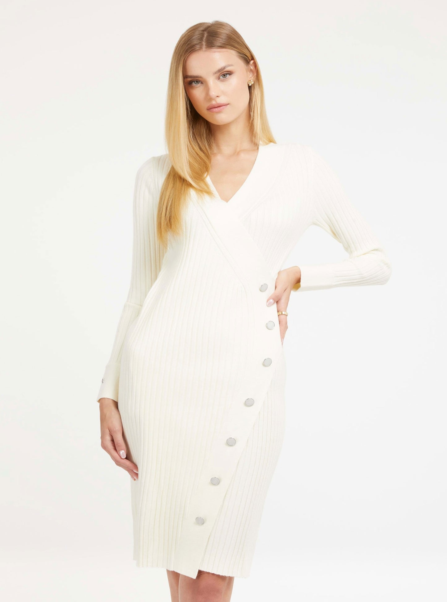 White Cecile Midi Knit Dress | GUESS Women's Apparel | front view