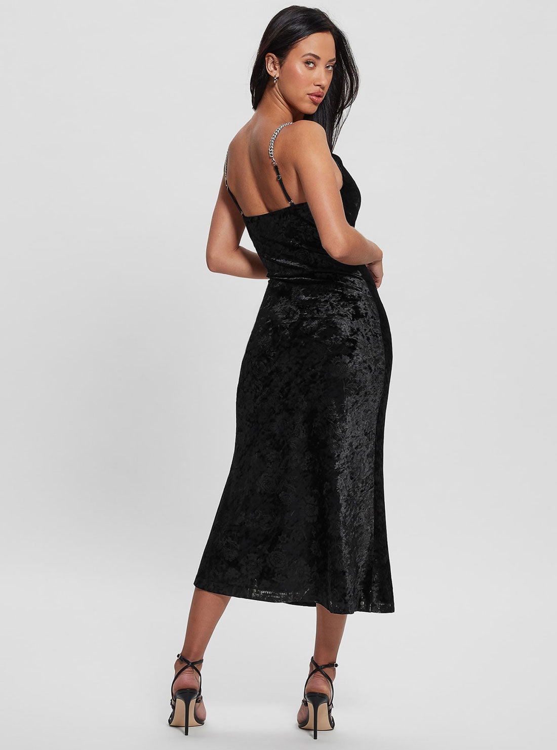 Black Aida Floral Velvet Midi Dress | GUESS Women's Apparel | back view